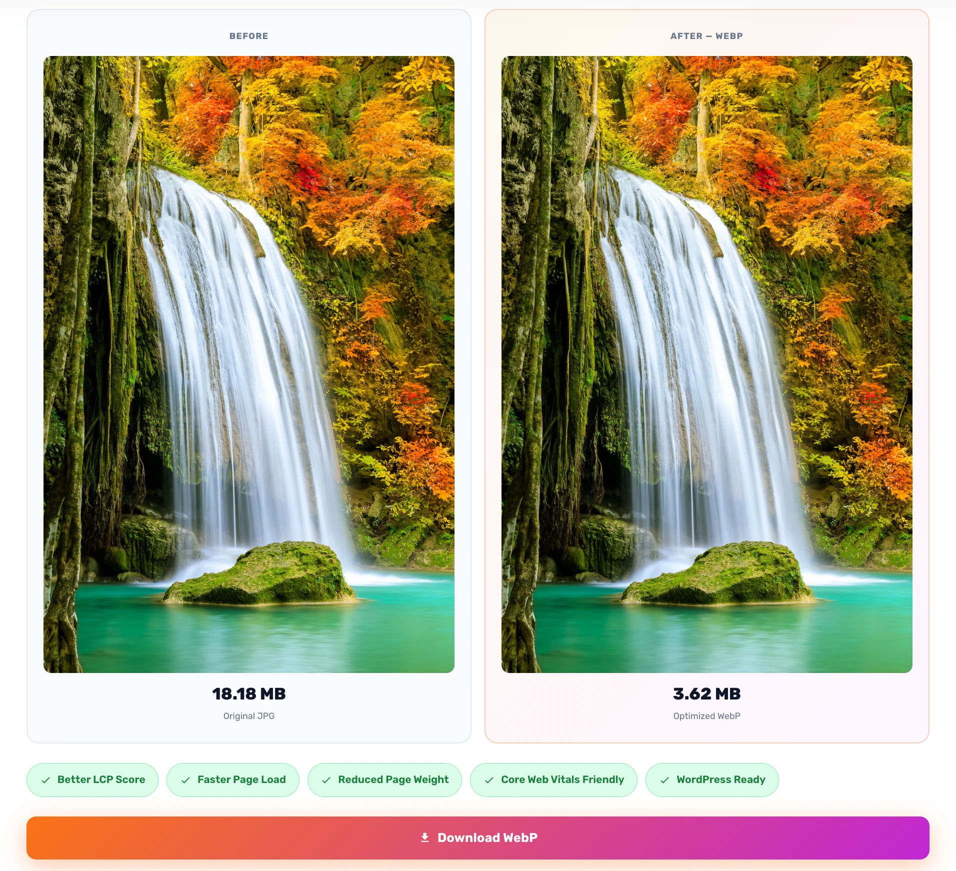 WebP Optimizer Before and After Result — 80% file size reduction from 18MB to 3.62MB
